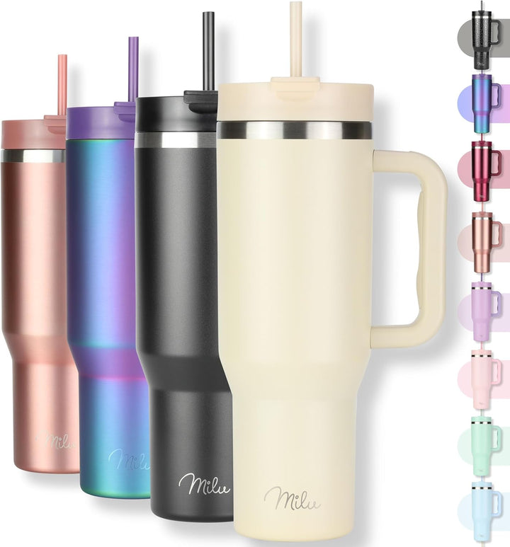 Milu Thermobecher 1200ml mit Strohhalm und Henkel – 48h Eis/24h kalt/12h heiss Edelstahl Tumbler 40o