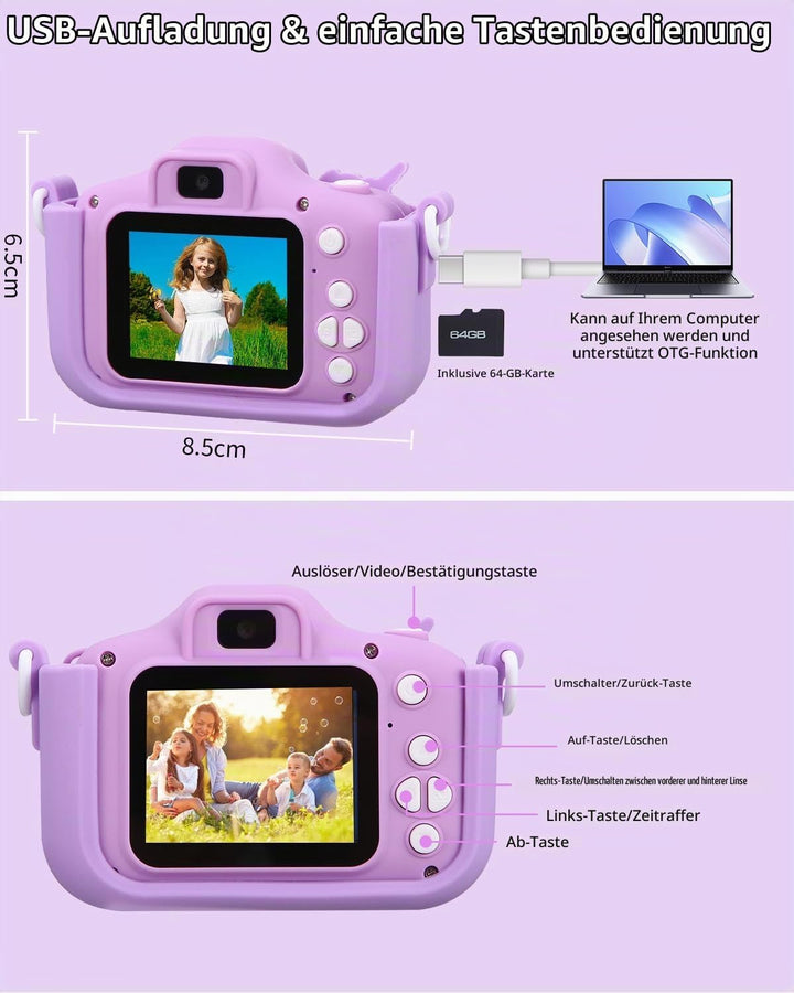 Kinderkamera,Kinder Kamera 1080P Bildschirm Kamera Kinder mit 64GB-Karte Selfie Digitalkamera Fotoap