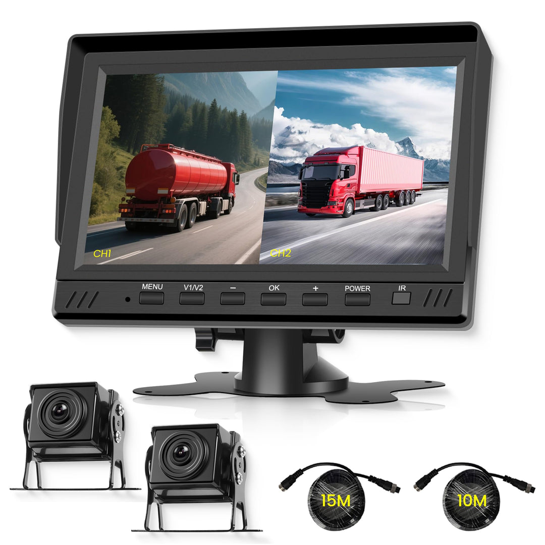 Rimoody Rückfahrkamera Set, 7 Zoll IPS Monitor mit 2 Rückfahrkameras 15m+10m Kabel, DVR, Loop Video,