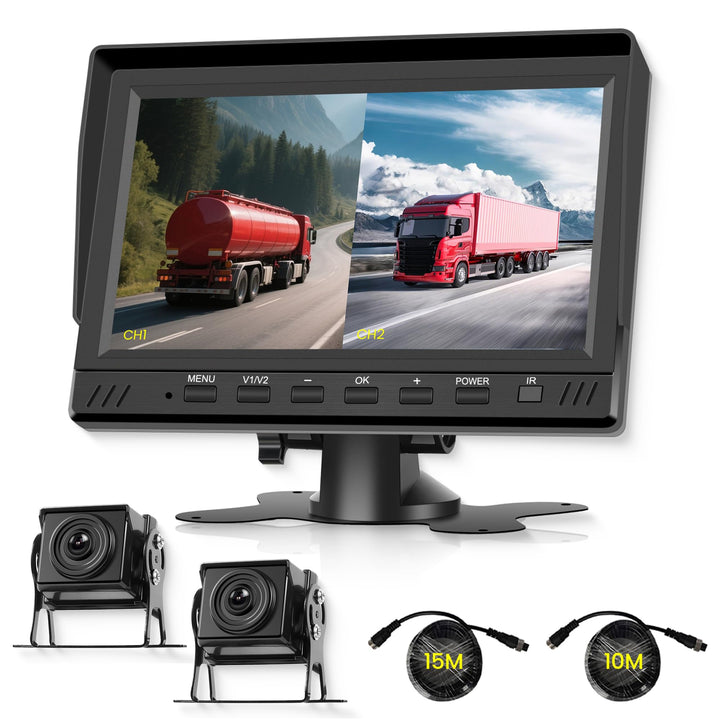 Rimoody Rückfahrkamera Set, 7 Zoll IPS Monitor mit 2 Rückfahrkameras 15m+10m Kabel, DVR, Loop Video,