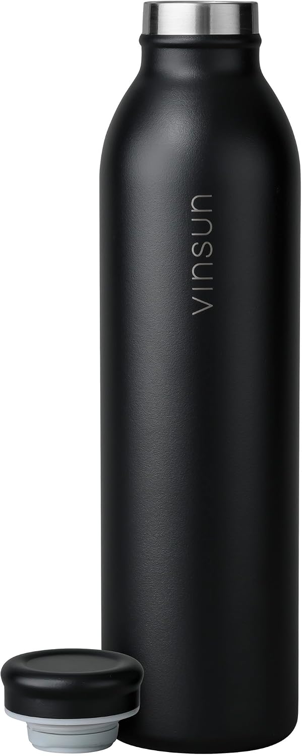 Vinsun Thermosflasche 600ml Schwarz - auslaufsicher, Kohlensäure geeignet | leichte Edelstahl Trinkf