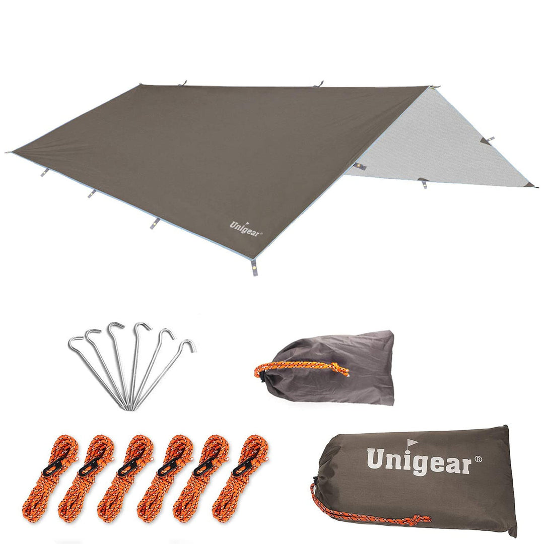 Unigear Tarp 3x3 3x4 3x5 4x4 wasserdicht, Zeltplane für Hängematte mit Ösen + 6/8 Erdnägel + 6/8 Sei