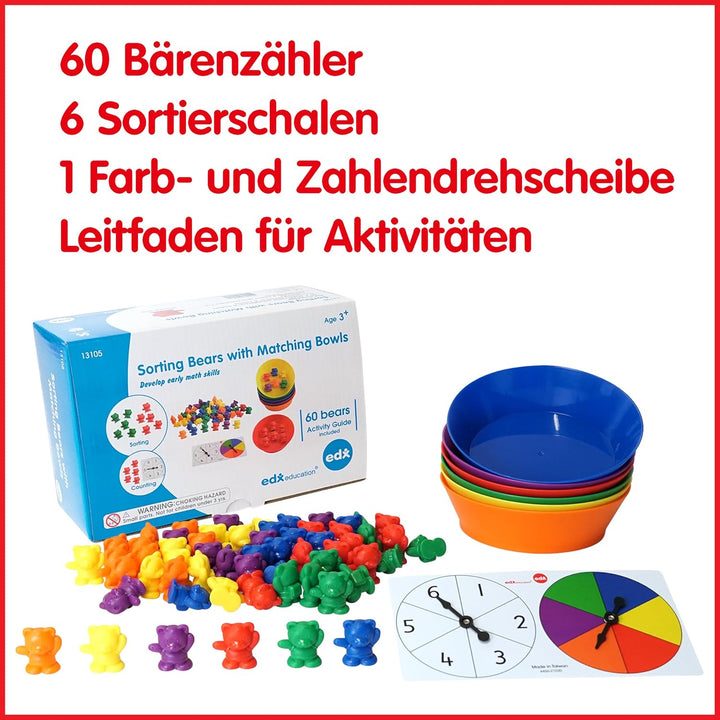 edxeducation Counting Bears mit passenden Schalen, Mathe Lernmittel | 68er Set, 60 Bärenzähler, 6 Sc