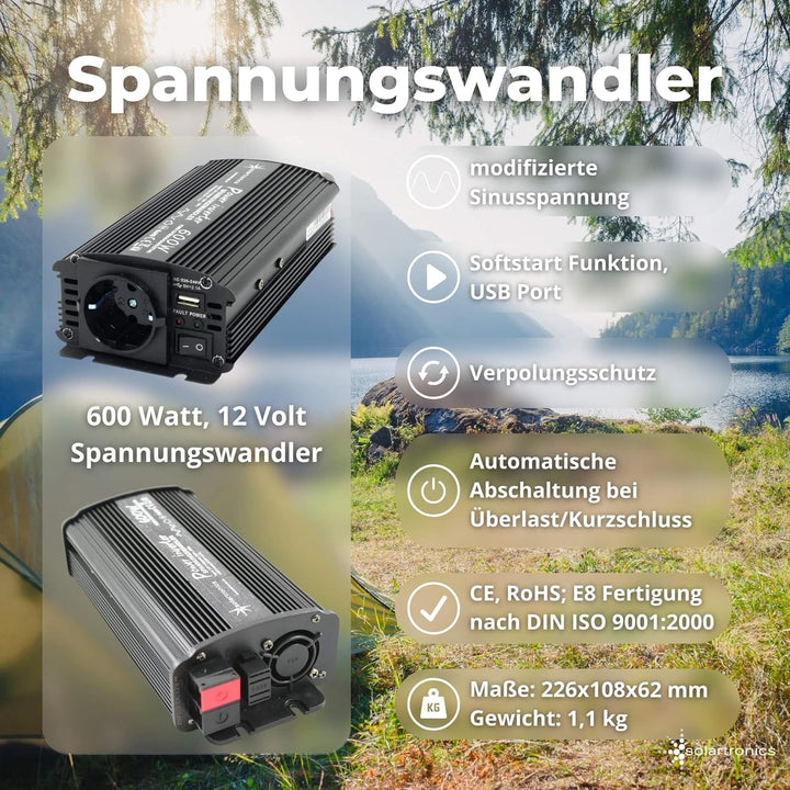 solartronics Komplettset 1x130 Watt Solarmodul 600 Watt Wandler Laderegler Photovoltaik Inselanlage