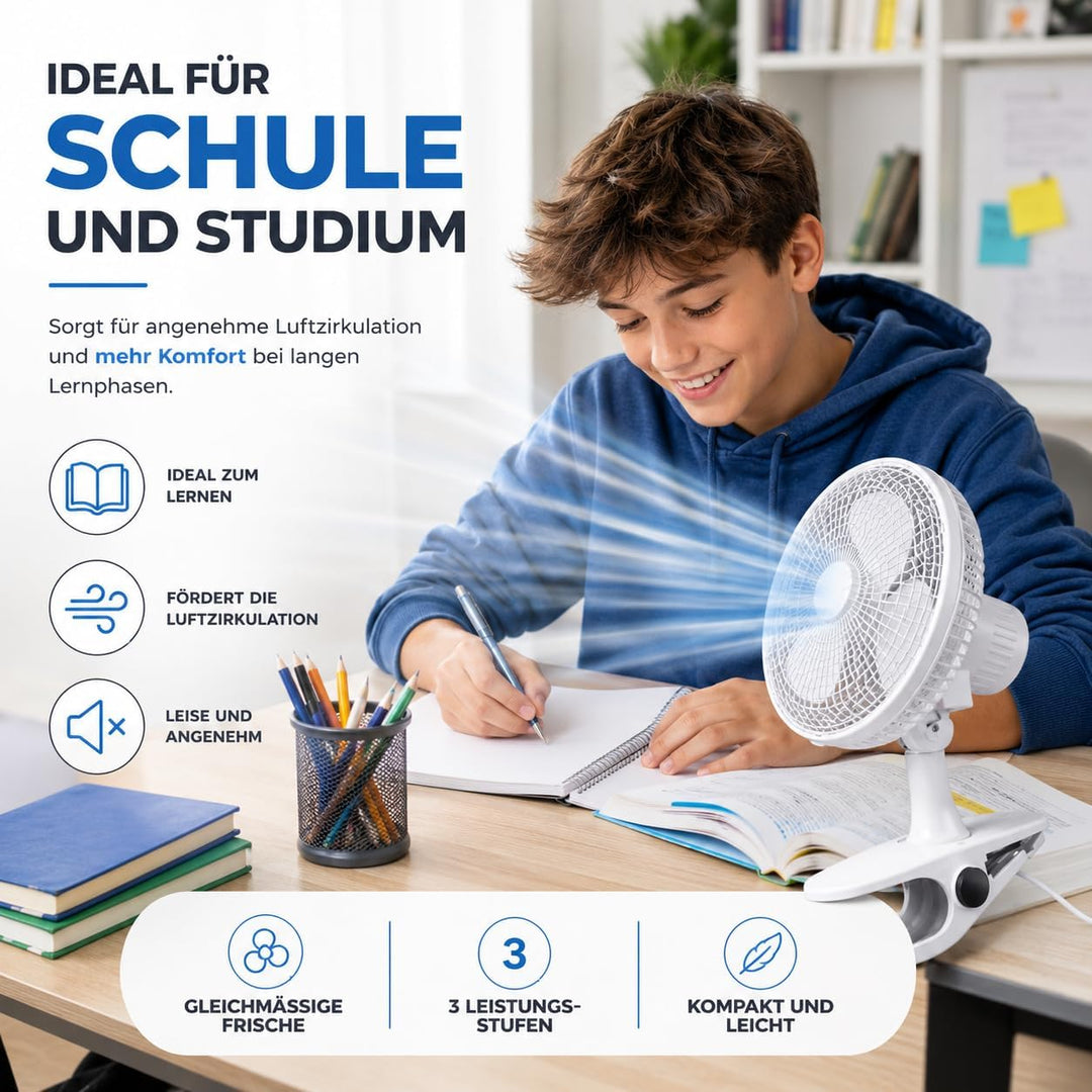 2 in 1 Leiser Tischventilator mit Clip & Ständer (20 cm) mit 90° Schwenkfunktion Ventilator – tragba