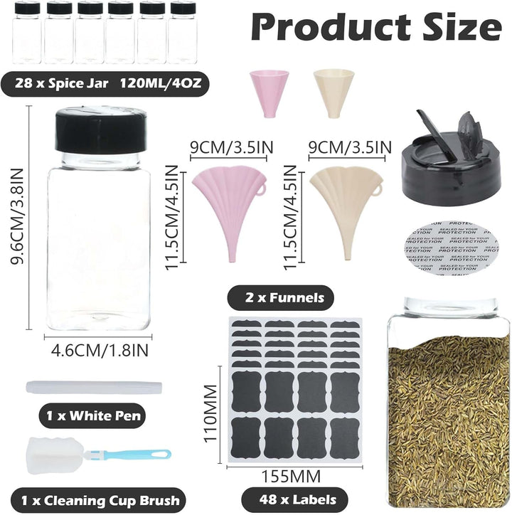 28 PCS Gewürzstreuer Kunststoff mit zwei Öffnungen, 130ML Gewürzbehälter mit Etiketten, Stift, Trich