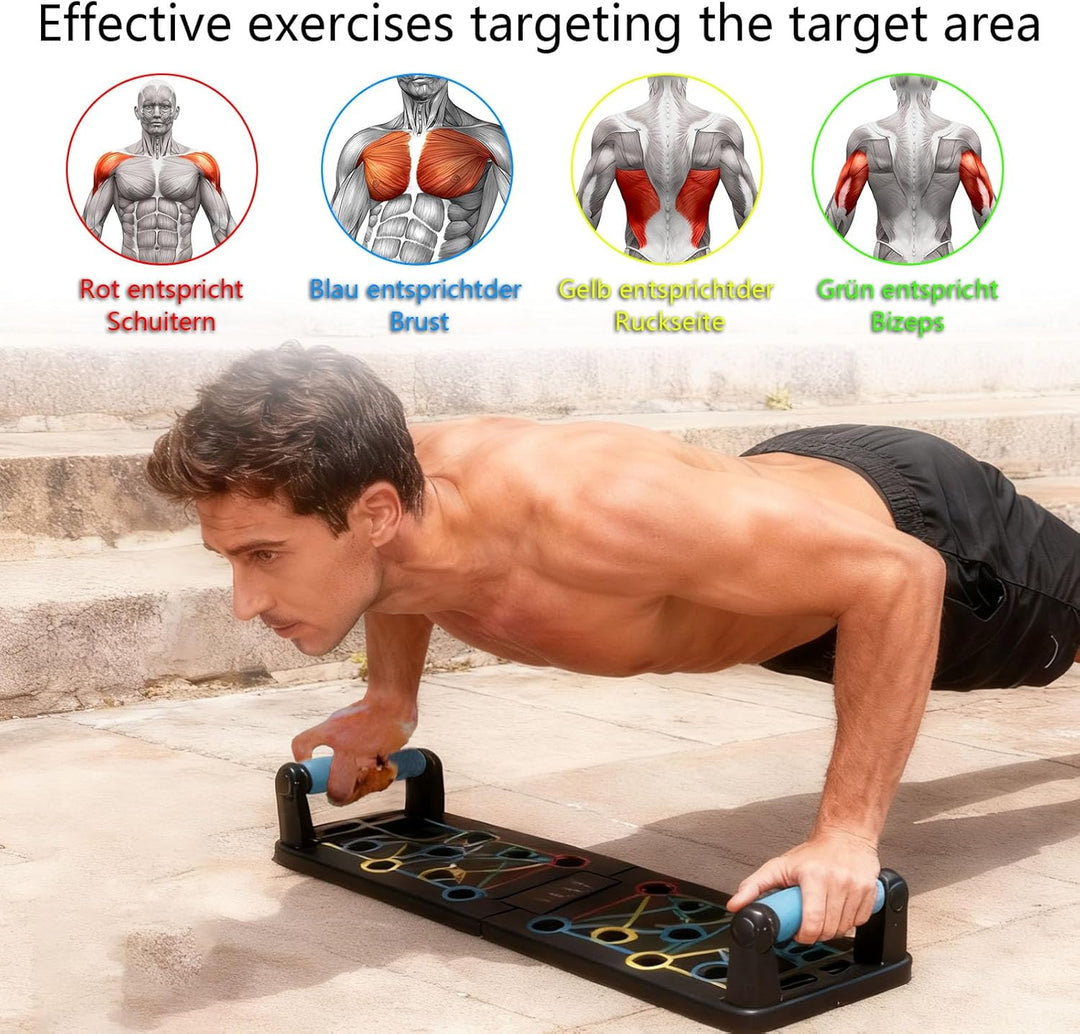 Yunova Push Up Board 63,5 x 18 cm – Liegestützbrett mit Griffen & Widerstandsbändern, faltbar & stab