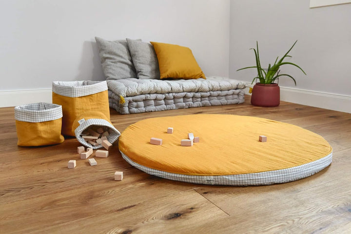 LÄSSIG Krabbel-und Spieldecke aus Muslin Bio-Baumwolle waschbar/Seat Cushion Muslin senfgelb, Senfge