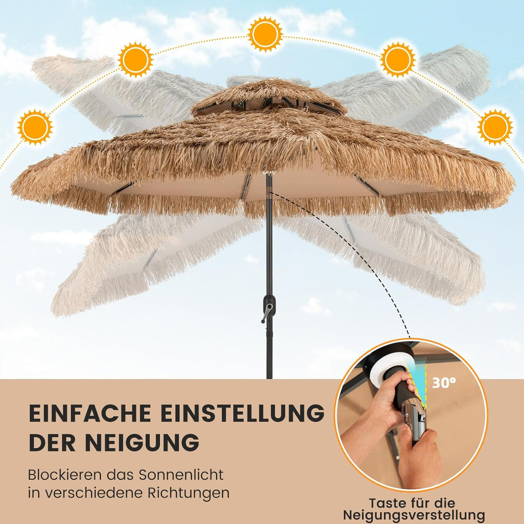 GOPLUS Sonnenschirm Hawaii, Ø 300 cm Strohschirm um 30° knickbar, Sonnenschirm Stroh mit LED Solar B
