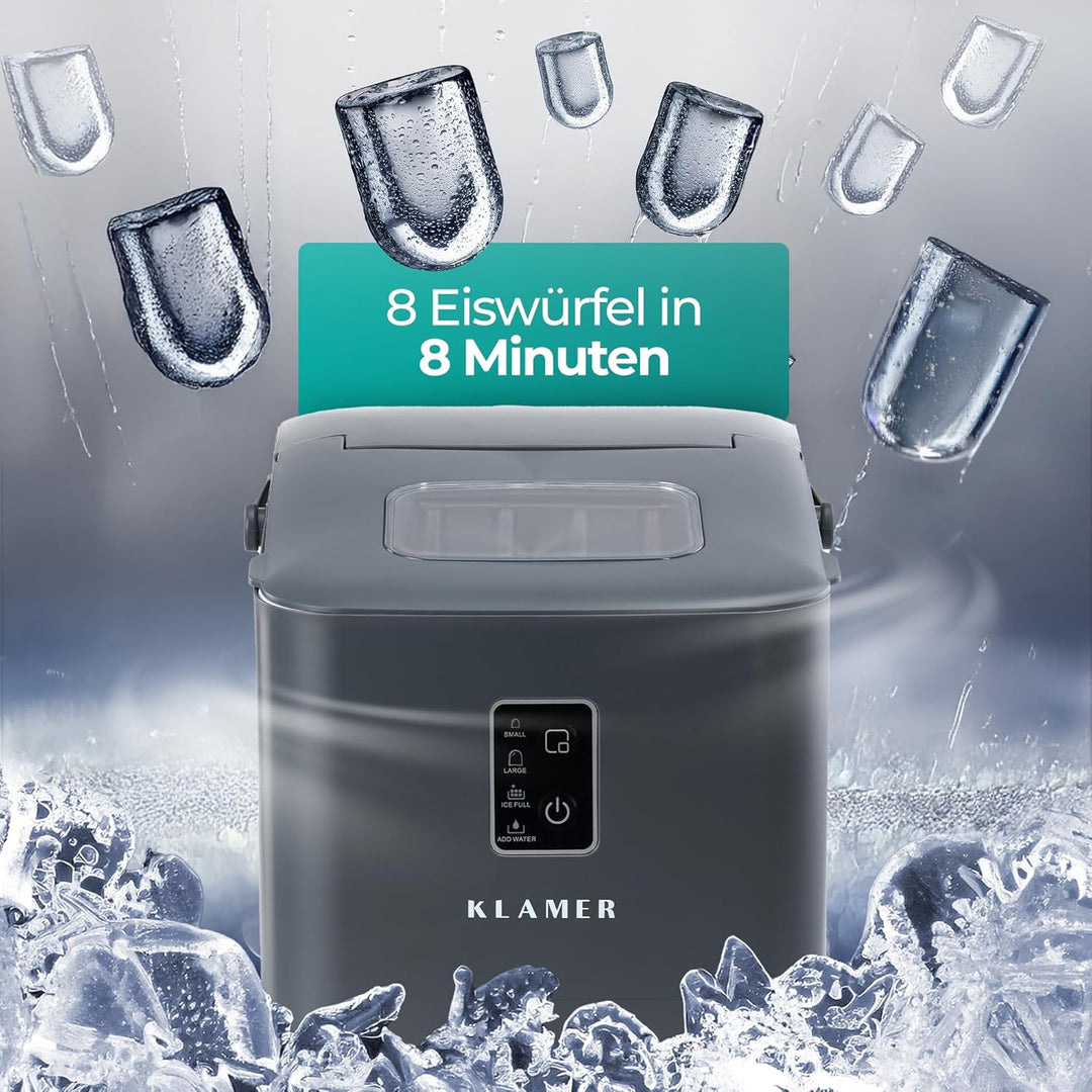 KLAMER Eiswürfelmaschine klein (2025), 8 Eiswürfel in 8 Minuten, 11 kg Eiswürfel pro Tag, 2 Eiswürfe