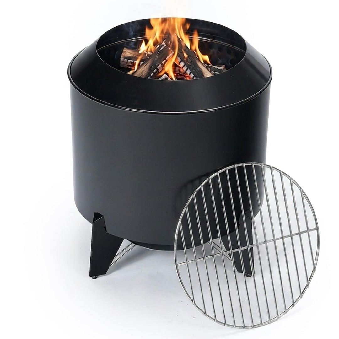 Relaxdays Feuerschale ohne Rauch, 2 in 1 mit Grillrost, Stahl, schwarz | HxØ: 46x52 cm, emailliert,