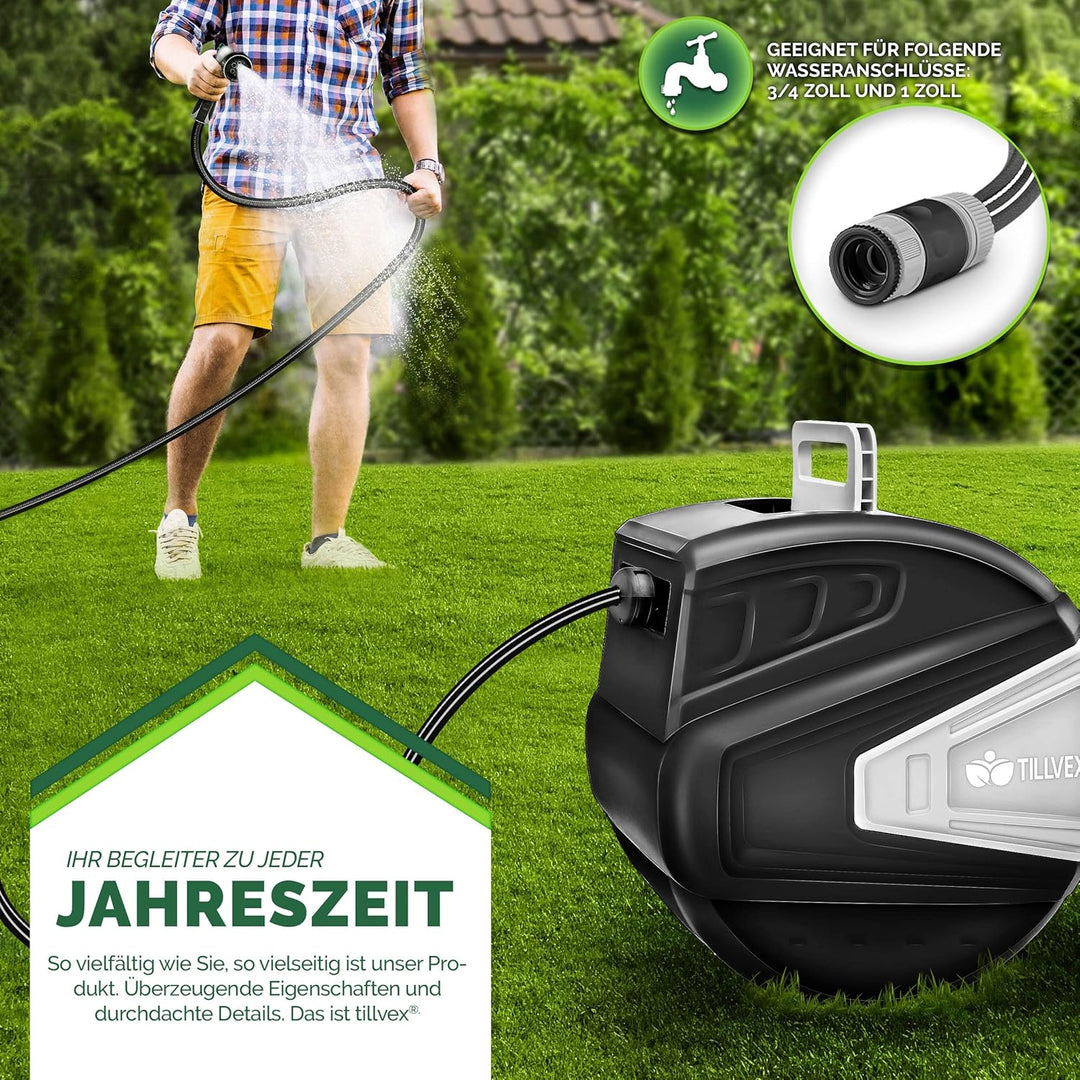 tillvex Schlauchtrommel Wasser mit Wandhalterung + Tragegriff | Schlauchaufroller mit Handbrause und
