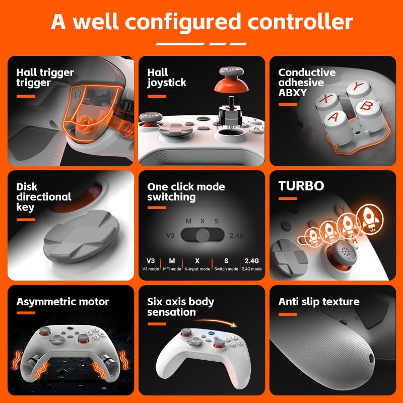 UHM PC Controller, Wireless 2.4G PC Gaming Controller PC Android Switch iPhone 6 Axis-Gyroskop,Hall-