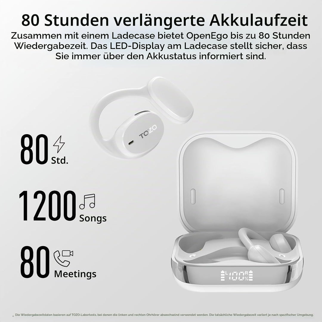 TOZO OpenEgo Open Ear Kopfhörer mit Ohrbügel Bluetooth Sport 80 Std. IPX5 | 16,2-mm Treiber für klar