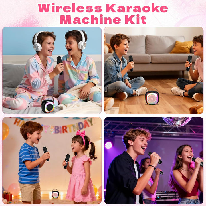 Karaoke Maschine für Kinder Erwachsene, Bluetooth Karaoke Lautsprecher mit 2 Kabellosen Mikrofon, Mi