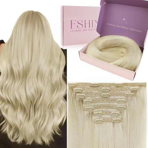 Fshine Echthaar Extensions Clip Weisse Blondine 40cm/16zoll Remy Haarverlängerung Echthaar Clip 120g