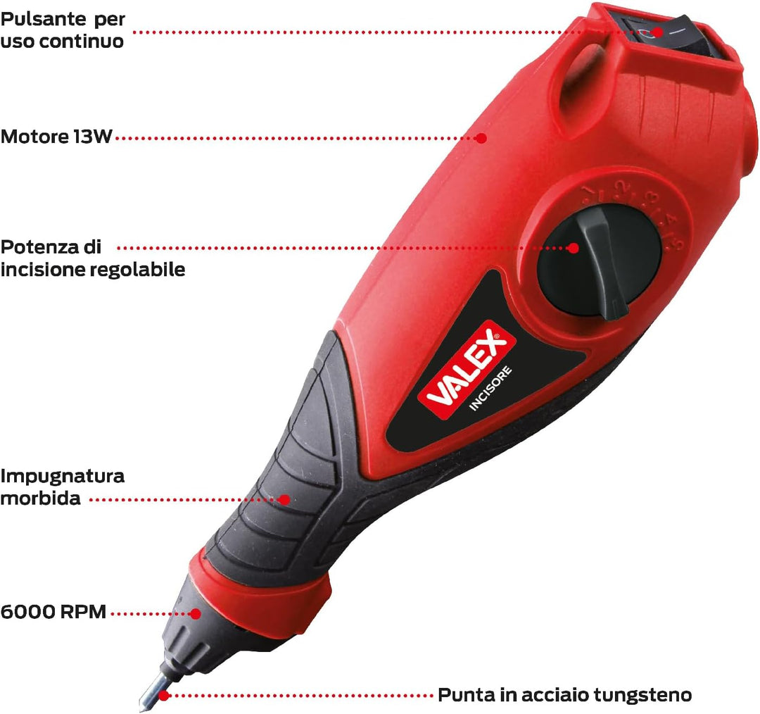 Valex 1980322 Elektro-Gravierer mit 2 Masken, 13 W, 220 V, Rot/Schwarz, Einheitsgrösse