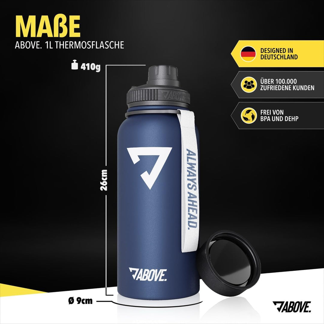 ABOVE. Trinkflasche Edelstahl 1L I Gratis Trinkverschluss I BPA-FREI I Thermosflasche hält bis zu 12
