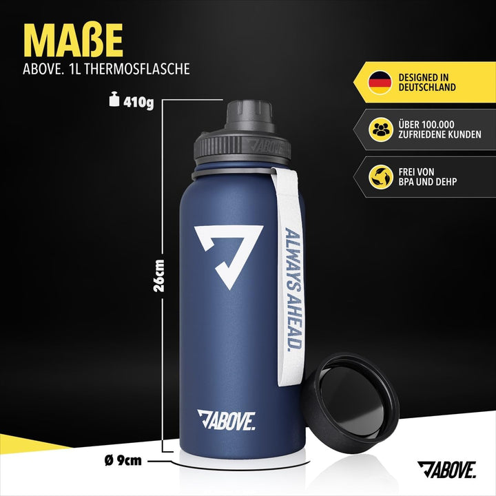 ABOVE. Trinkflasche Edelstahl 1L I Gratis Trinkverschluss I BPA-FREI I Thermosflasche hält bis zu 12