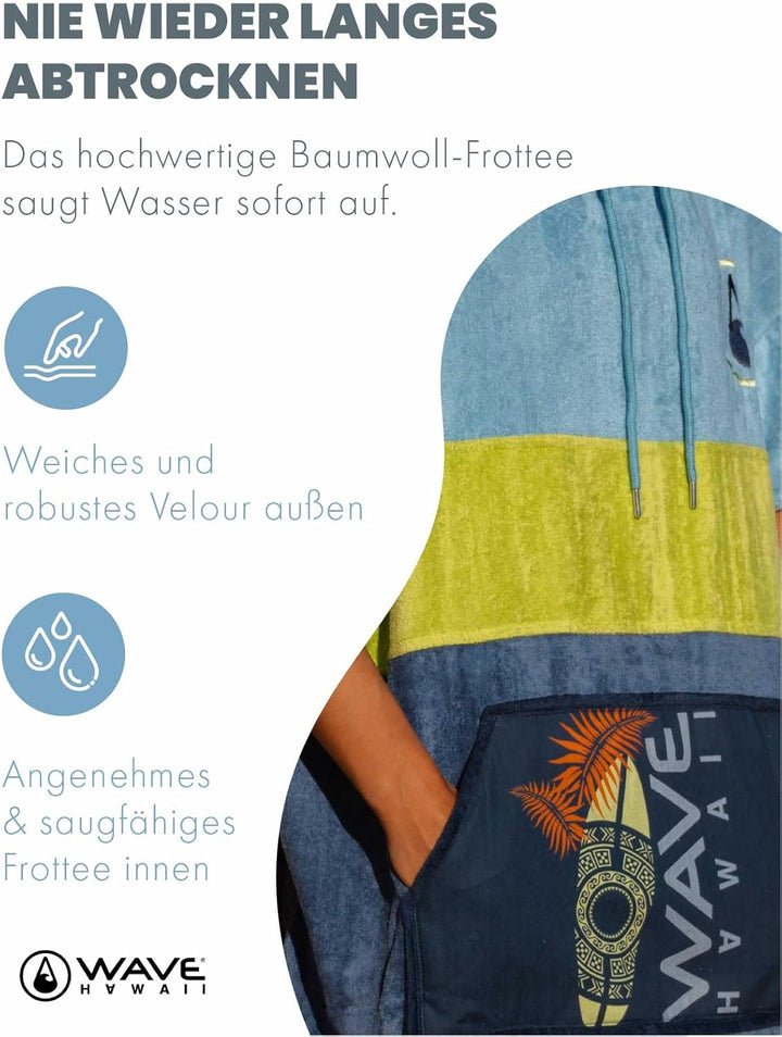 WAVE HAWAII Bade-Poncho Damen & Herren | Grösse L, 170-200cm I 100% Baumwolle Surf-Poncho Erwachsene