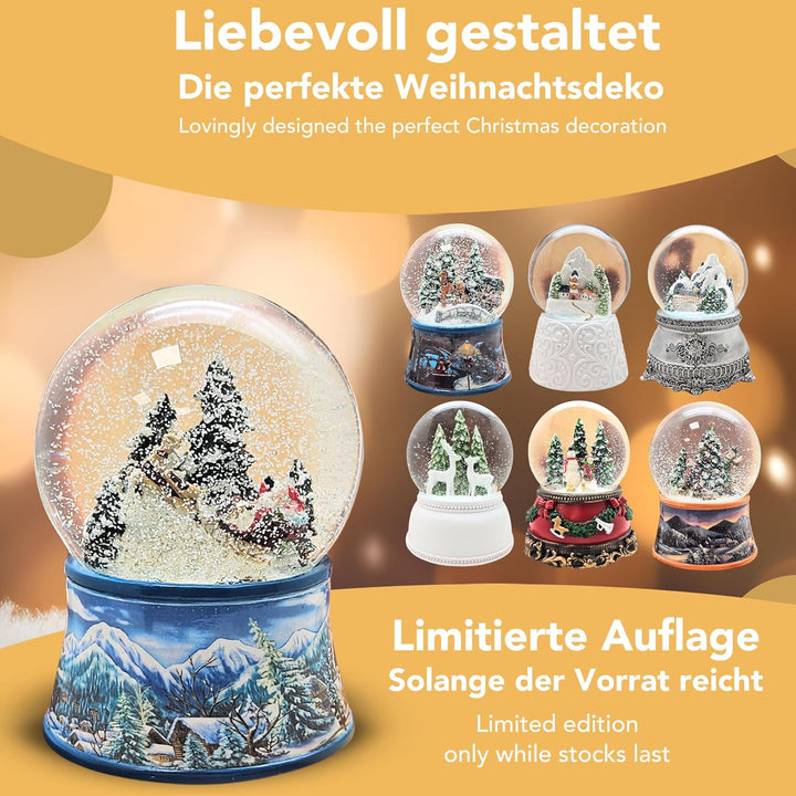 Schneekugel Weihnachten Spieluhr | Weihnachtsmann im Schlitten | Sockel Winterlandschaft hellblau |