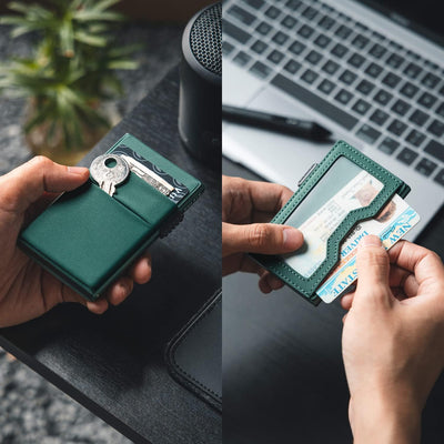 VULKIT Kreditkartenetui mit EDC-Fächern und Ausweisfenster, RFID-blockierende Pop Up Karten Geldbörs