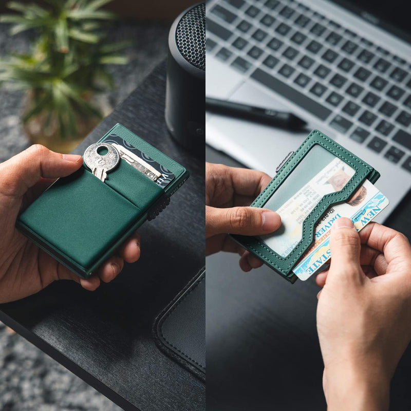 VULKIT Kreditkartenetui mit EDC-Fächern und Ausweisfenster, RFID-blockierende Pop Up Karten Geldbörs
