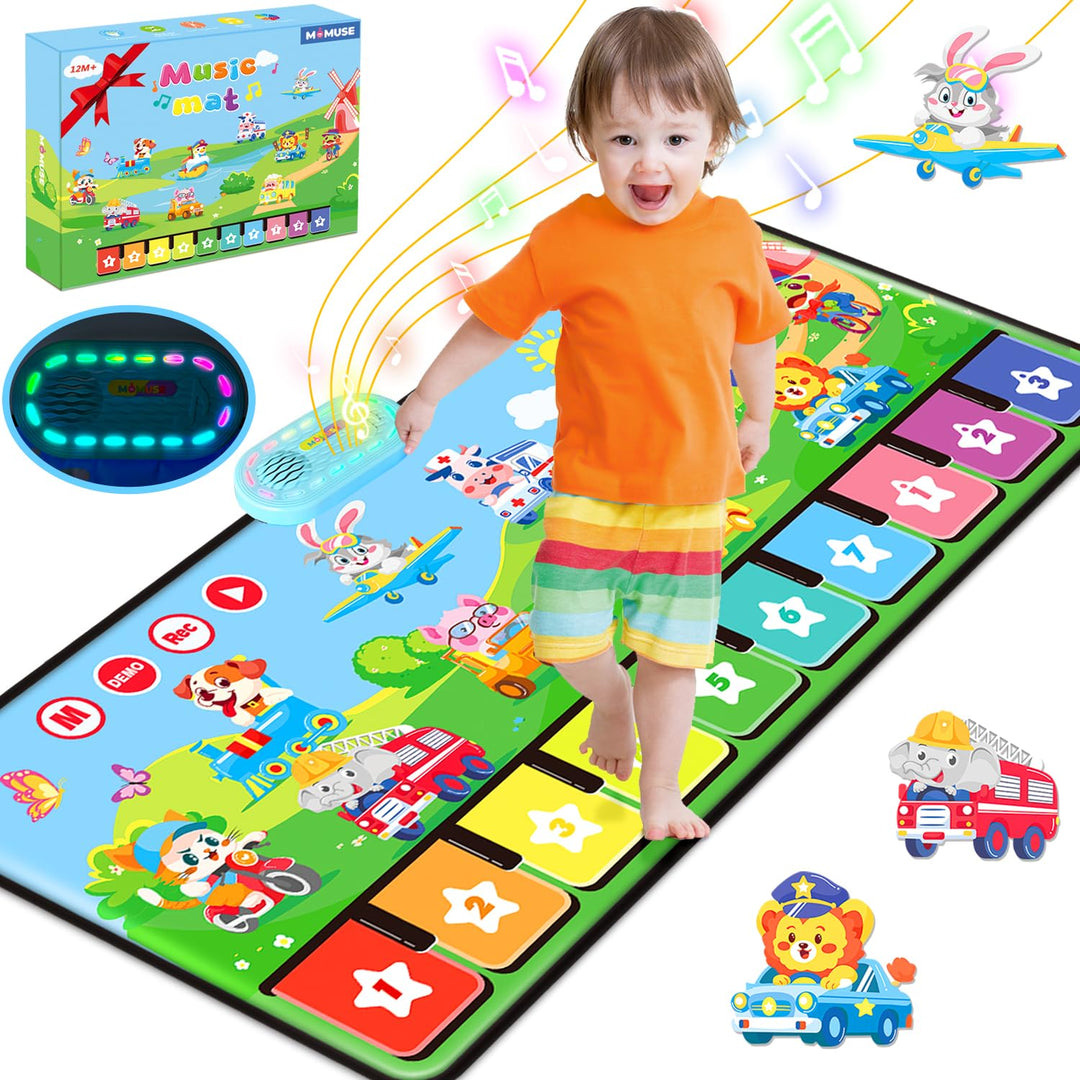 MOMUSE Baby Spielzeug ab 1 Jahr mit 80 Tönen, Grosse Musikmatte mit 10 Tiere &amp; 10Autos, Klaviermatte