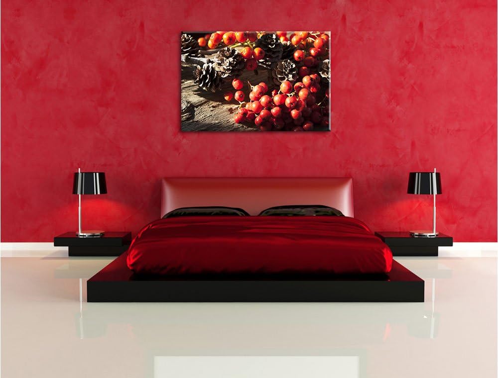 Pixxprint Vogelbeeren und Tannenzapfen als Leinwandbild/Grösse: 100x70 / Wandbild/Kunstdruck/fertig