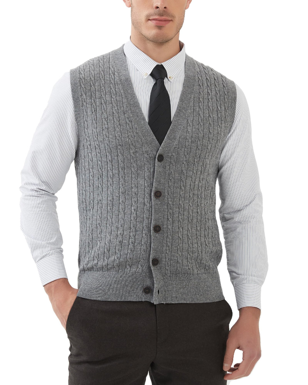 Kallspin Herren Strickweste Ärmellos Cardigan Wollmischung mit Zopfmuster und Knöpfen M Hellgrau, M