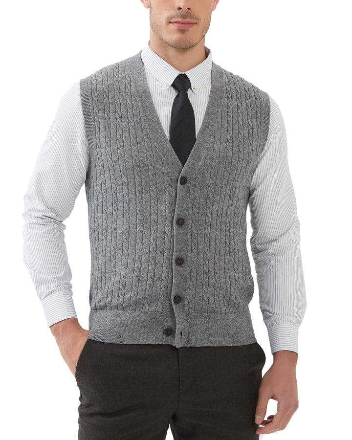 Kallspin Herren Strickweste Ärmellos Cardigan Wollmischung mit Zopfmuster und Knöpfen XL Hellgrau, X