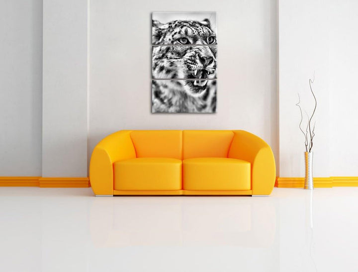 Pixxprint Schneeleopard zeigt Zähne als Leinwandbild/Grösse: 3 Teilig (120x80) cm/Wandbild/Kunstdruc