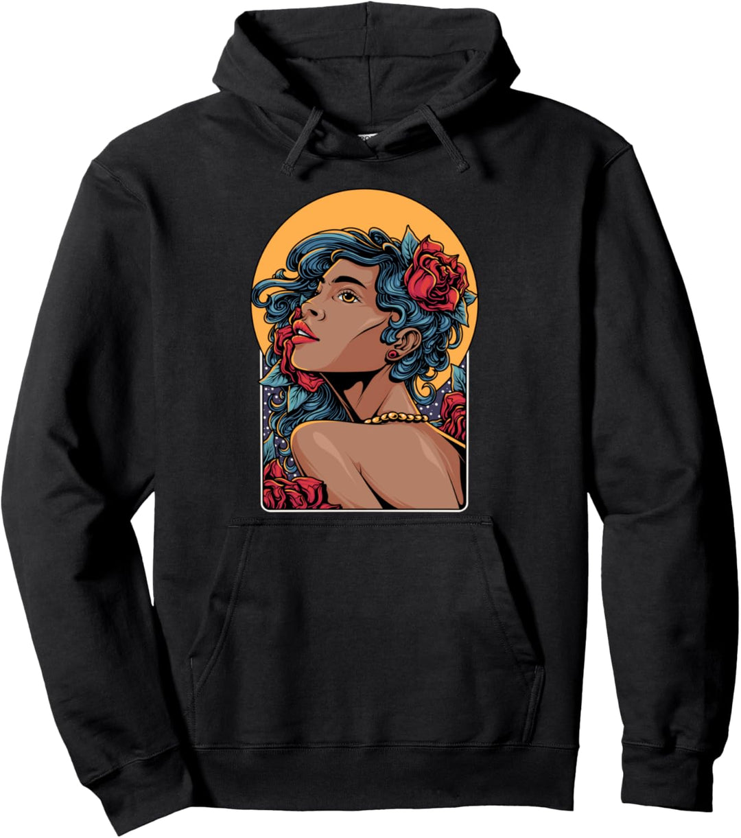 Black Diva Afrocentric Art Modern Roses Moon Melanin Queen Pullover Hoodie