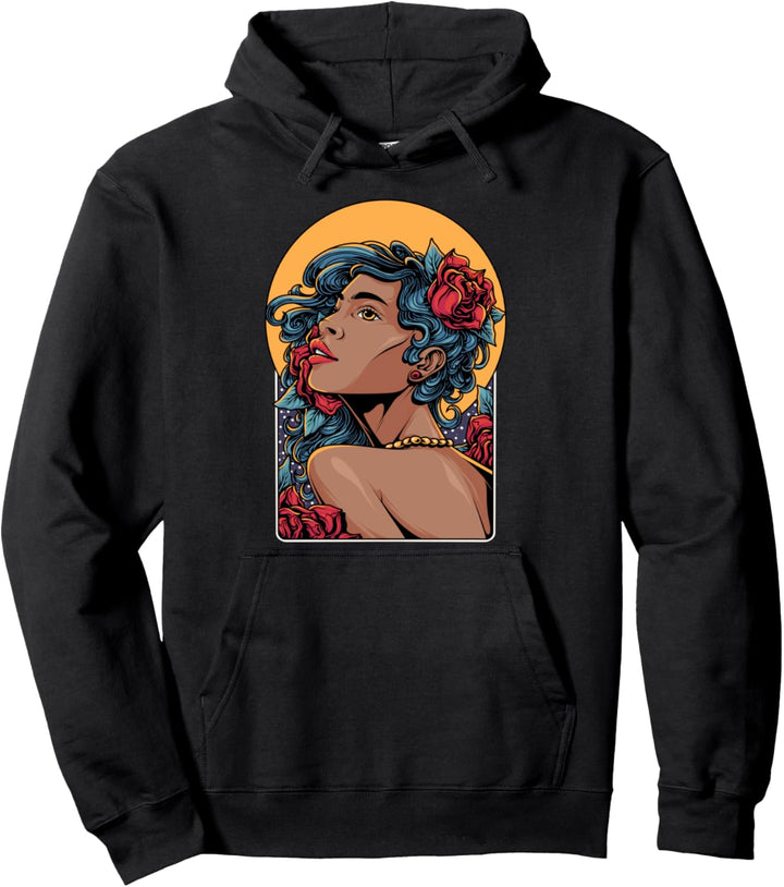 Black Diva Afrocentric Art Modern Roses Moon Melanin Queen Pullover Hoodie