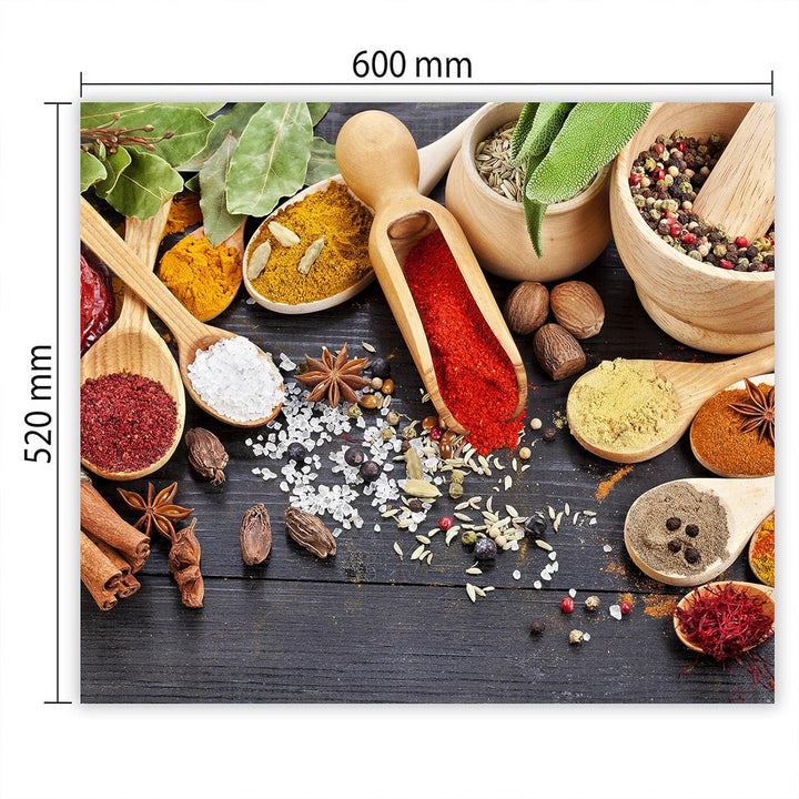 SmartDecoration Herdabdeckplatte Ceranfeldabdeckung aus Glas 60x52 cm Einteilig Motiv "Gewürze" Grau