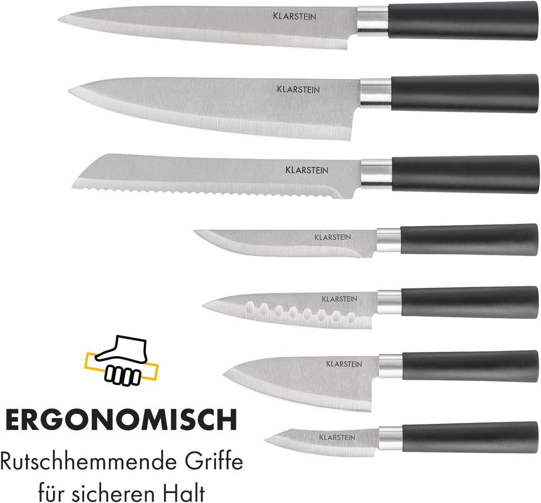 Klarstein Kitano Plus Messer-Set - 9 tlg. Set mit Holzblock und Bambus-Schneidebrett, 7 Präzisionskl