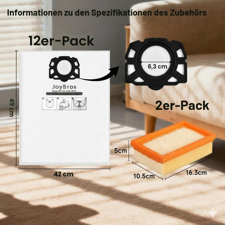 JoyBros 8 Staubsaugerbeutel 2 Filter für Kärcher wd4 wd5 wd6 p wd5p wd6p Premium 2.863-006.0 KFI 487