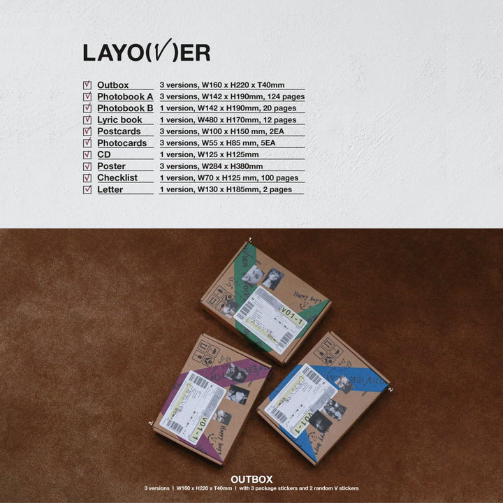 V - [Layover] (3 Ver.) Out Box + Photobook A + Photobook B + Lyric Book + Postcards + CD + Photocard