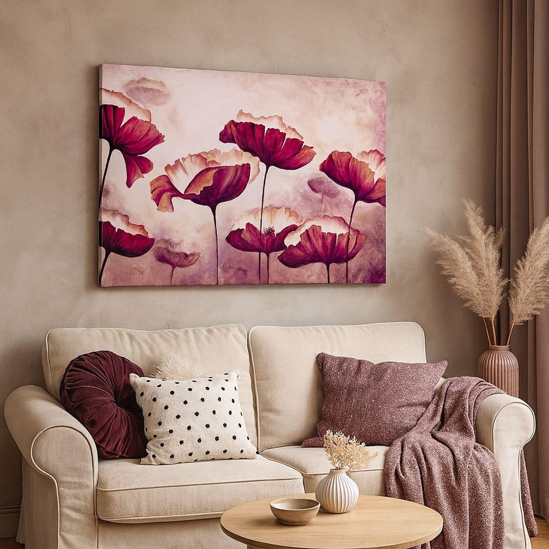Bilder auf Leinwand Mohn Blume Wiese Leinwandbild mit Rahmen 70x50cm Wandbilder Dekoration Wohnzimme