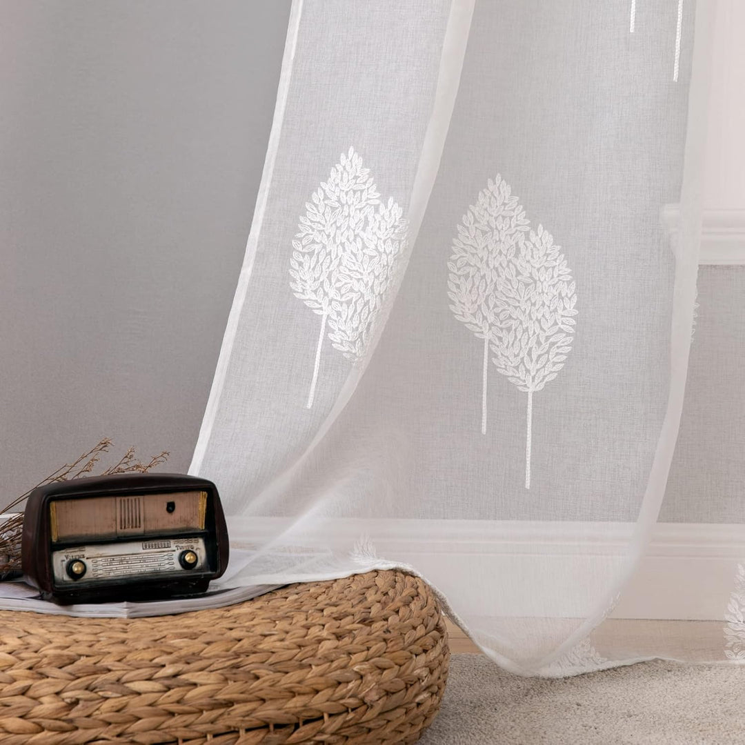 MIULEE Wohnzimmer Vorhänge Transparent mit Weiss Blätter Muster, Modern Stickerei Gardinen Ösen für