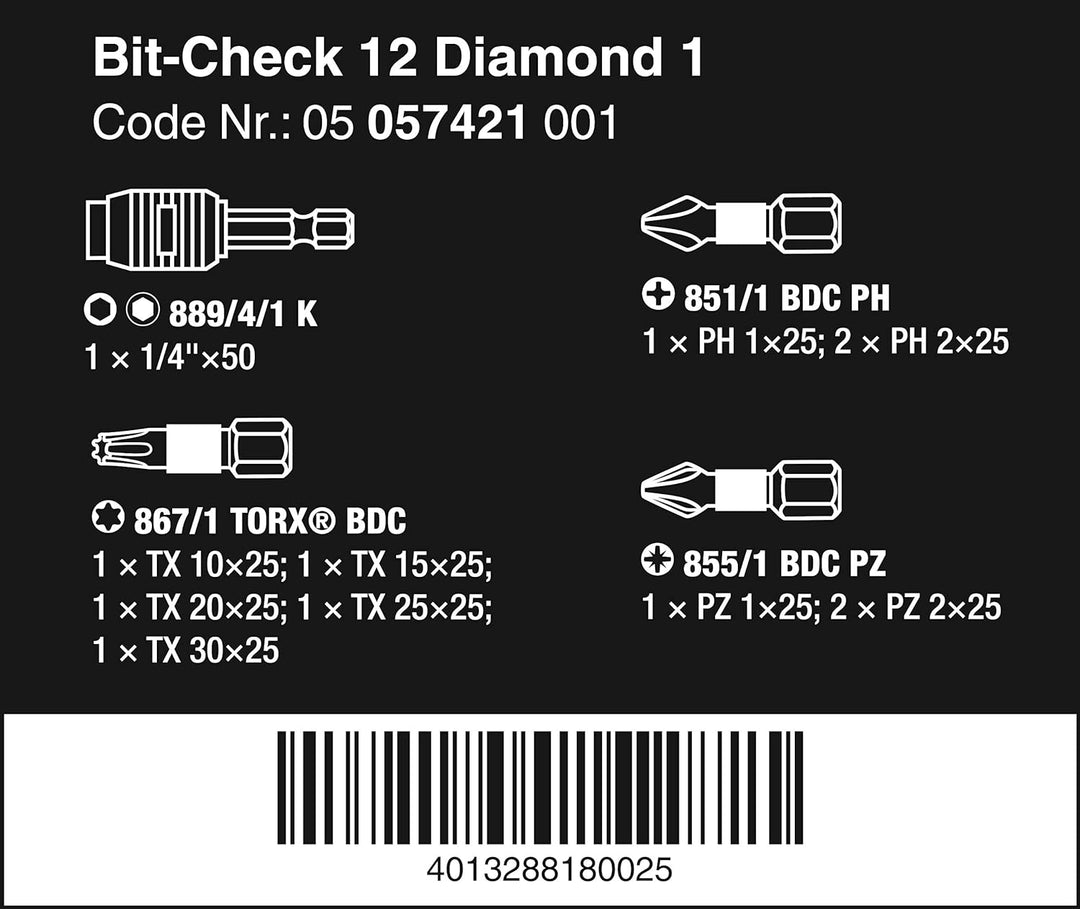Wera 05057421001 Sortiment, Bit-Check Diamond 1, 12-teilig, Stück 12 Diamond 1 Single, 12 Diamond 1