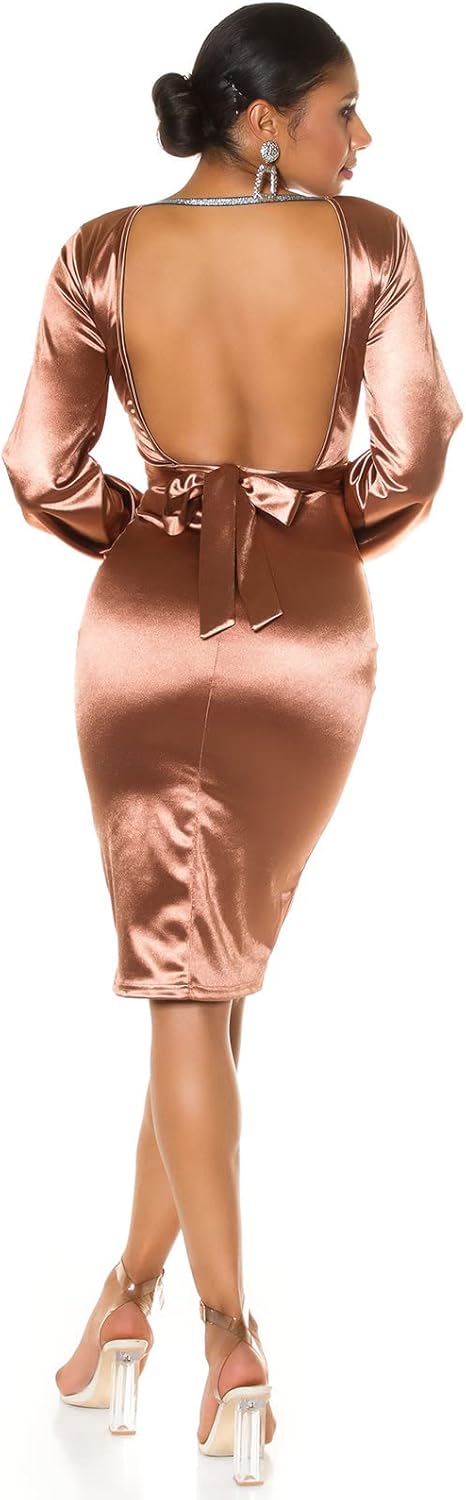 Koucla Rückenfrei Satin Look V-Neck Midi Cocktail Kleid mit Deko Schleife, Braun