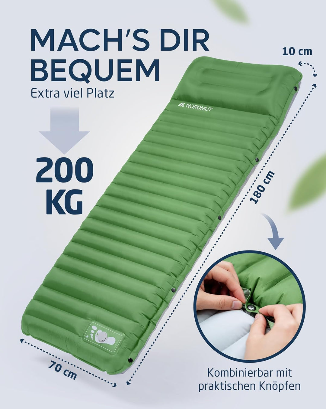 NORDMUT® Isomatte Schnellaufblasend mit integrierter Fusspumpe 10 cm - Isomatte Camping mit kleinem