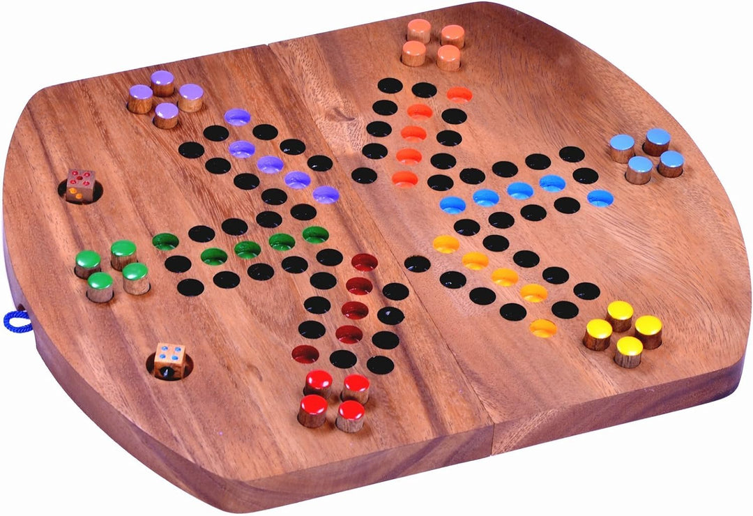 LOGOPLAY Ludo für 6 Spieler - Würfelspiel - Gesellschaftsspiel - Familienspiel aus Holz mit klappbar