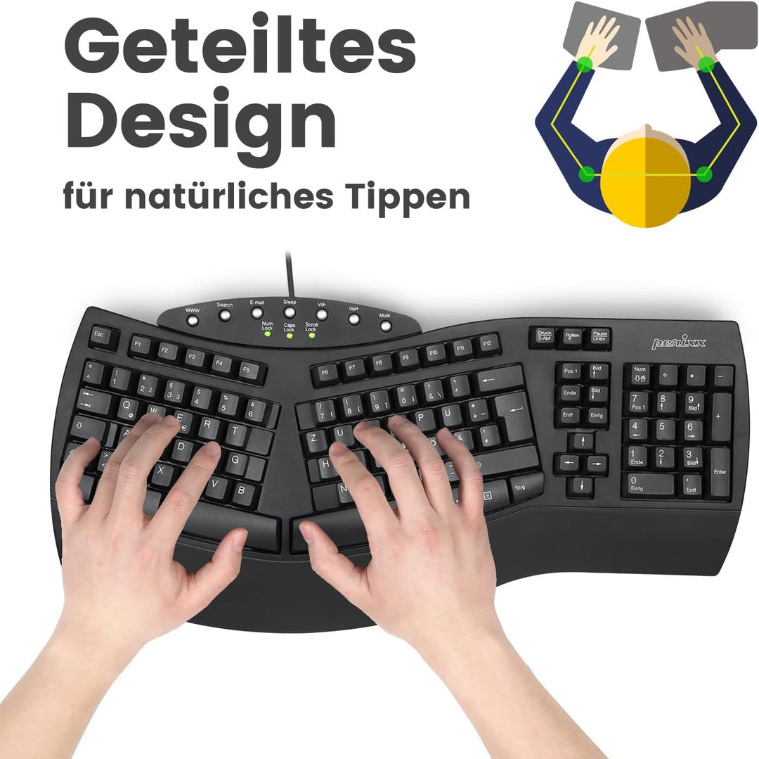 Perixx PERIDUO-512B Ergonomisches Tastatur- und Maus-Set - Vertikale Design-Maus, Kabelgebunden, USB