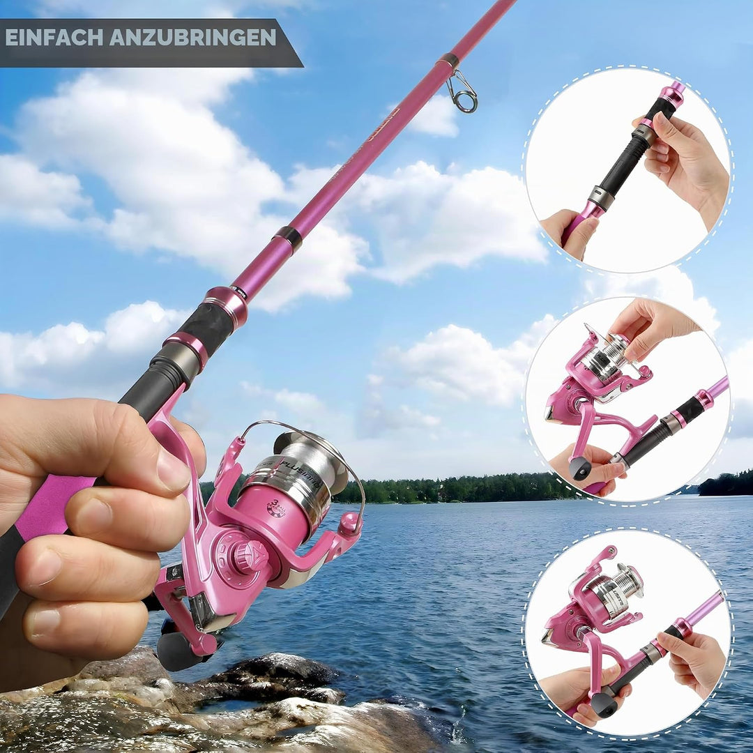 PLUSINNO Teleskop-Angelrute und -rolle für Damen, rosafarbene Angelrute Rosa 2.1M 6.86Ft fishing ful