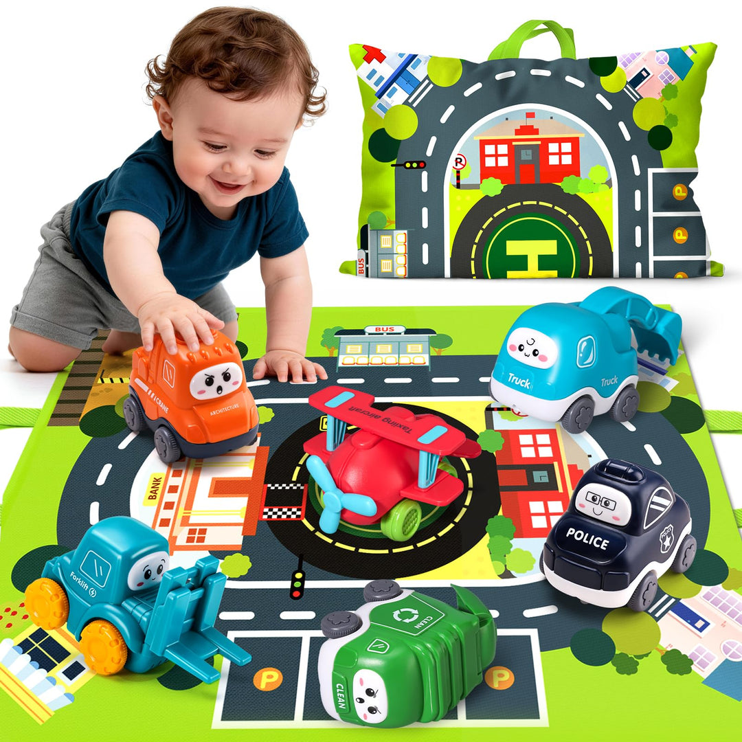 lerrbo 6 PCS Cartoon Lastwagen Auto Spielzeug mit Kräne/Spielmatte/Aufbewahrungstasche|Babyspielzeug