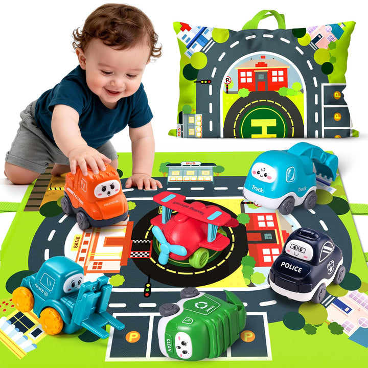 lerrbo 6 PCS Cartoon Lastwagen Auto Spielzeug mit Kräne/Spielmatte/Aufbewahrungstasche|Babyspielzeug