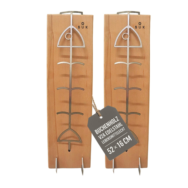 Flammlachsbrett 2er Set aus Buche Holz/Edelstahl – Rostfrei, Verstellbare Halterung, Perfekt für Feu