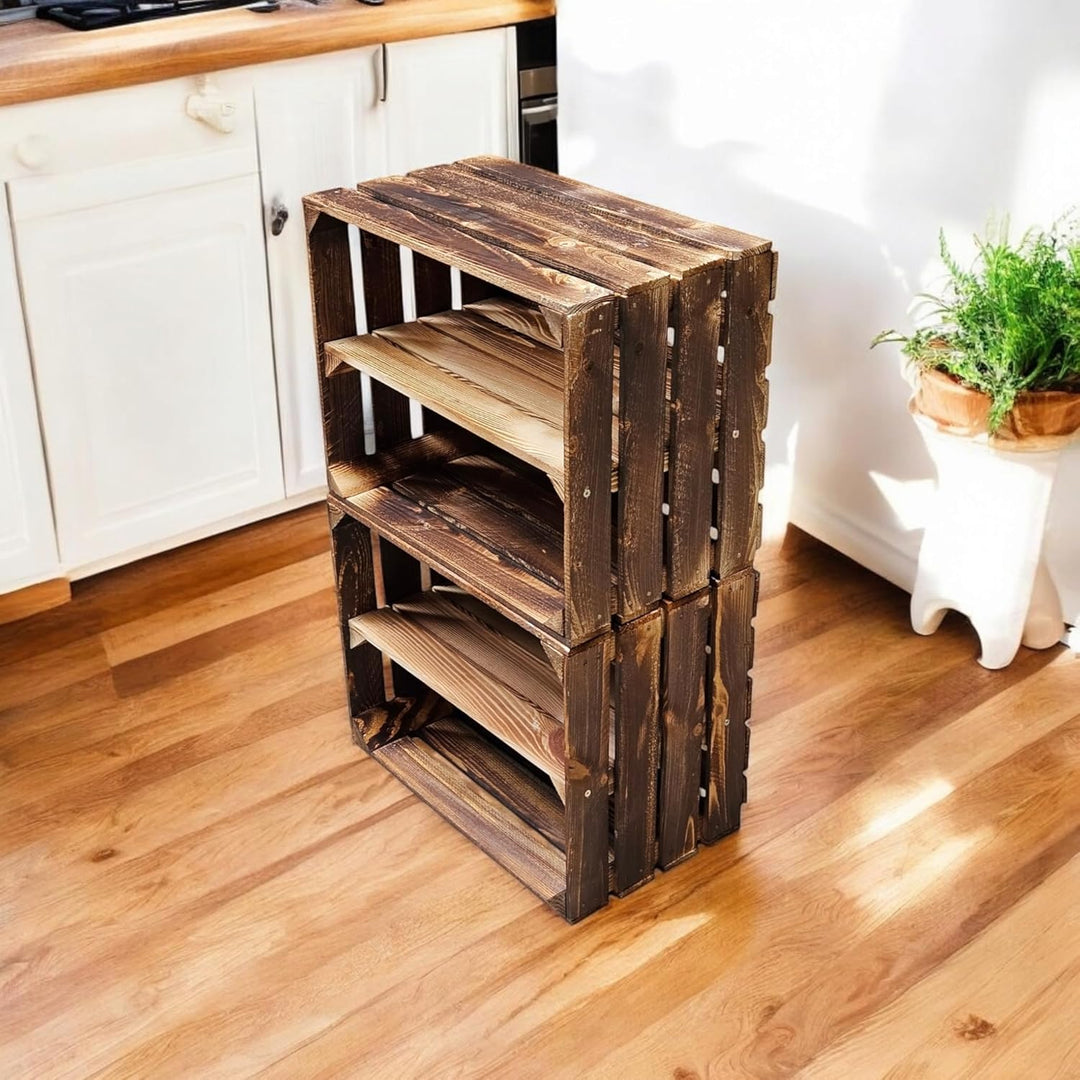 Teramico Holzkisten Obstkisten Weinkisten geflammt dunkel 50 x 40 x 30cm in tollen Set-Angeboten als